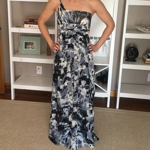BCBGMaxAzria one shoulder blue print gown